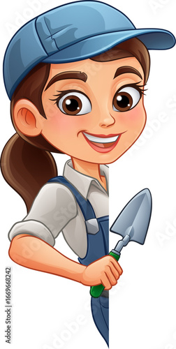 A woman female bricklayer holding a mortar trowel tool builder construction cartoon character mascot.