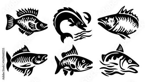 Illustrative Black and White Fish Designs for Aquatic Art Projects