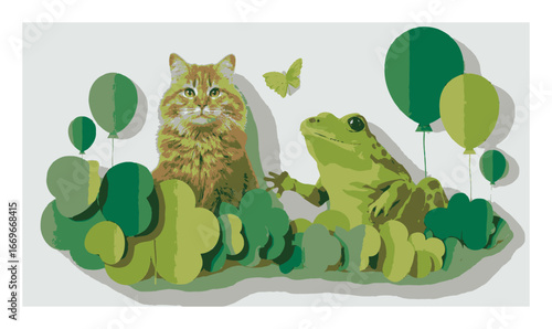 Colorful Papercut Illustration Featuring Cat and Frog in Nature Scene