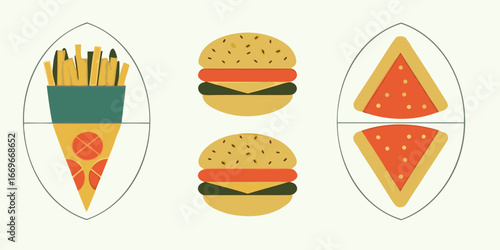 Illustration featuring french fries pizza slices and two burgers in a stylized arrangement on white background