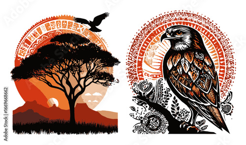 Serene African Landscape with Stylized Tree and Majestic Bird Illustration
