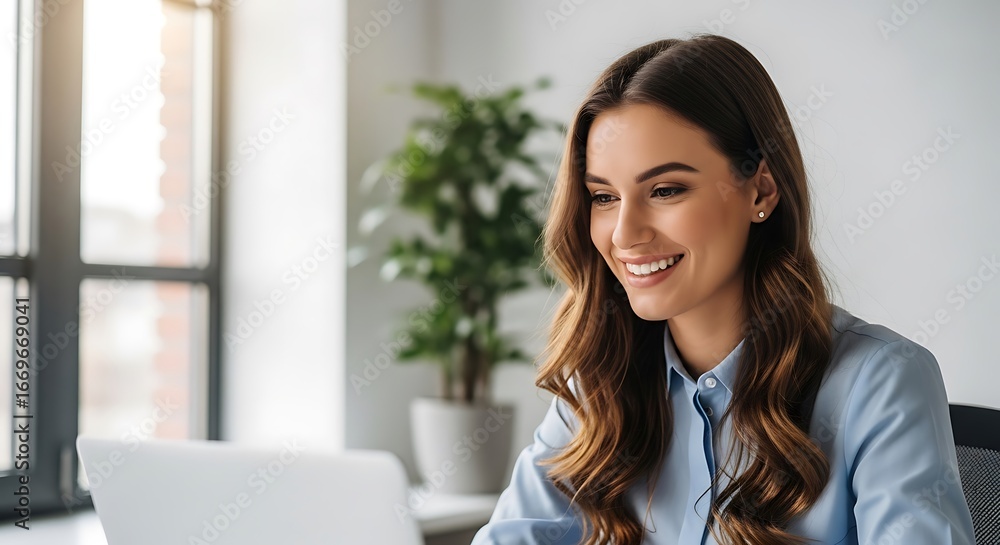 Woman smiling at laptop in office business Woman smiling at laptop in office business