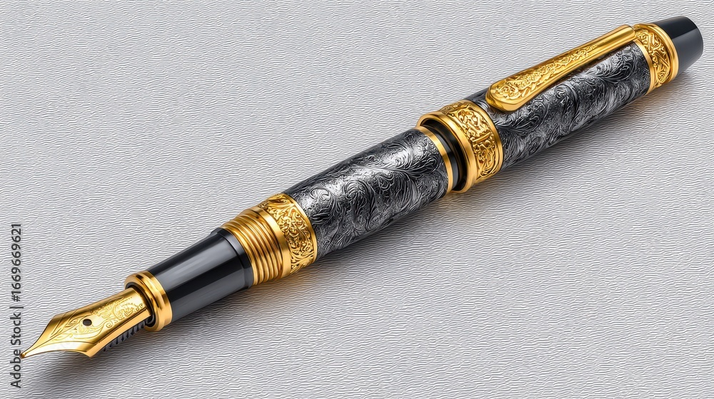 Fototapeta premium Elegant Black and Gold Fountain Pen on Silver Textured Background