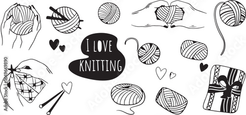 Knitting Vector Icons with Yarn and Needles, Handicraft Design, Black and White, Creative, Illustrative, Cozy, Artistic, Minimalist, Decorative, Whimsical, Crafting, Wool, Textile Arts, Creative Expre