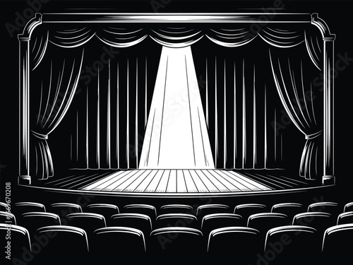 Vintage Theater Stage Illustration with Spotlight and Curtains.