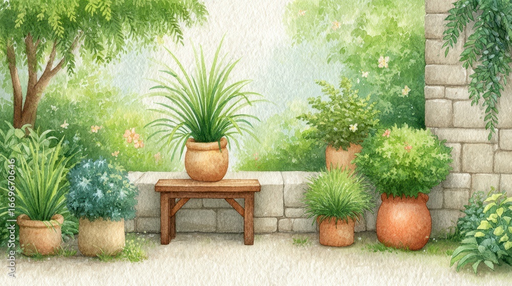 Fototapeta premium Serene Garden with Potted Plants and Stone Wall