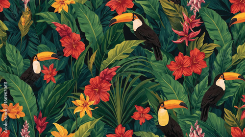 Ai Generate Seamless tropical jungle leaves and flowers with toucan birds, vector wallpaper design.