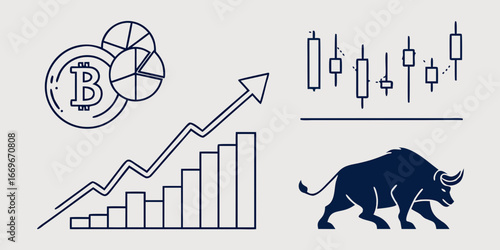 Illustration depicting bitcoin, pie charts, an upward trending graph, candlesticks, and a bull market