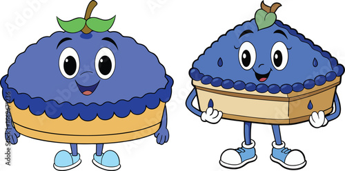 Cute Cartoon Blueberry Pie and Slice Characters Set