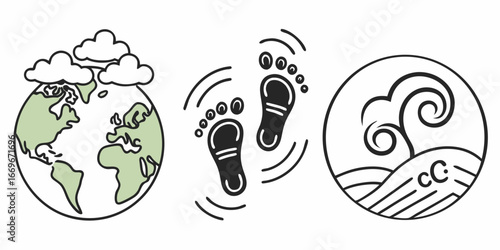 Stylized earth with clouds footprints and climate change symbol representing environmental awareness and impact