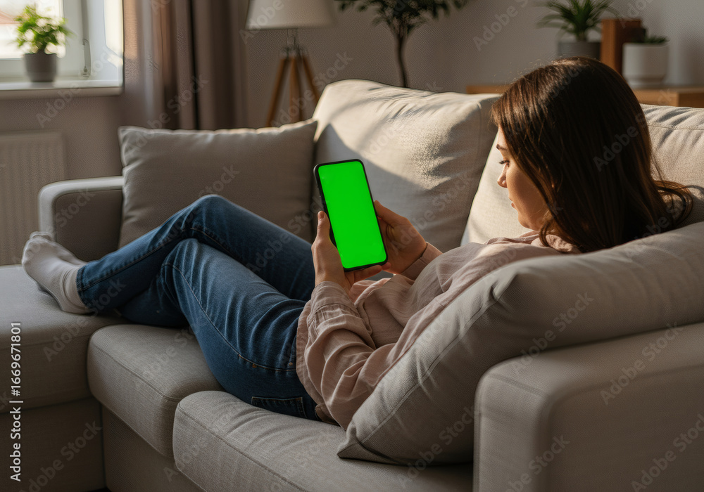 Obraz premium Woman Relaxing at Home holding Smartphone on Sofa, Green Screen Display