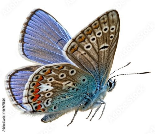 Close-up detailed view of a vibrant blue and brown butterfly with intricate wing patterns on a white background.