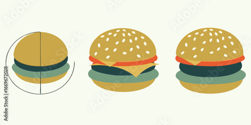 Illustration of three burgers with sesame seed buns and various toppings in a simple style