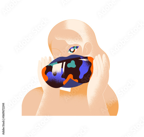Concept of technology of augmented or virtual reality. Abstract female silhouette with VR goggles in hands. Woman holds AR interaction glasses. Flat isolated vector illustration on white background