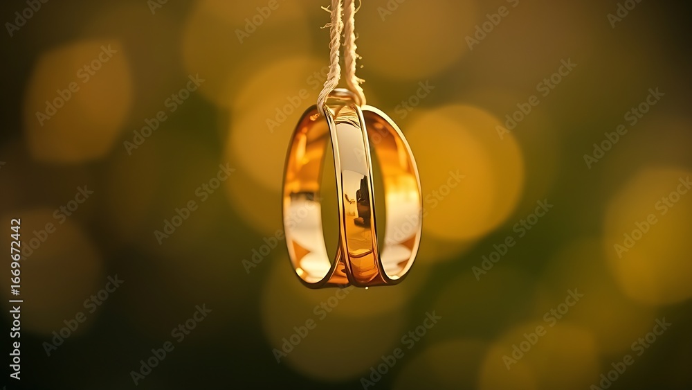 © li - Golden wedding rings hanging gracefully, symbolizing love and commitment with a soft background. © li - Golden wedding rings hanging gracefully, symbolizing love and commitment with a soft background.