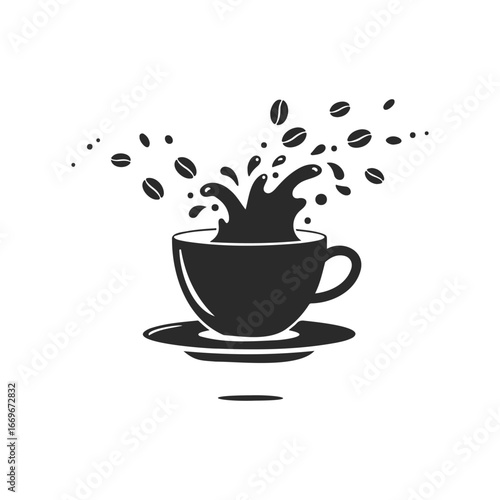 Splashing coffee cup with flying beans on white background