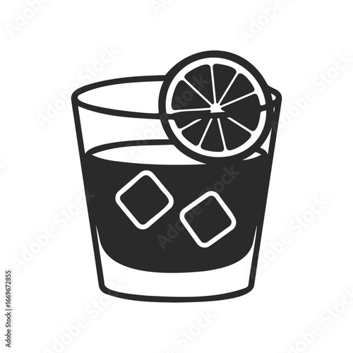Black and white whiskey glass with ice and lemon slice