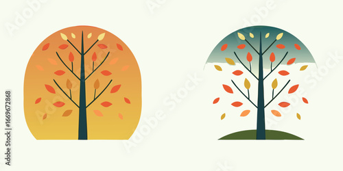 Two stylized trees with colorful leaves representing autumn and the change of seasons in nature
