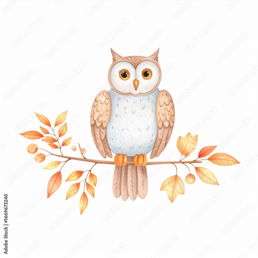 Fototapeta premium Watercolor Owl Perched on Autumn Branch with Golden Leaves Isolated on White