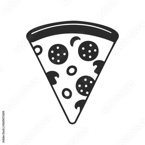 Simple black and white pizza slice icon with toppings