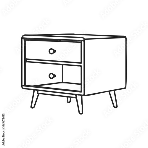 Simple line art of mid-century modern nightstand with two drawers