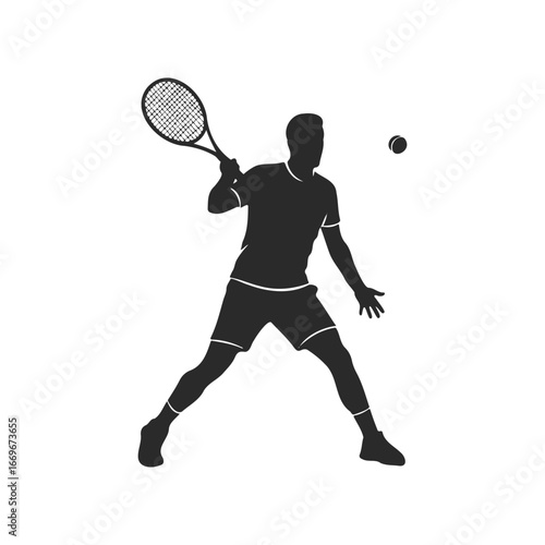 Silhouette of male tennis player in action with racket and ball