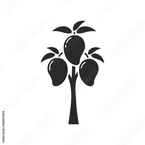 Silhouette of mango tree with three mangos on branches