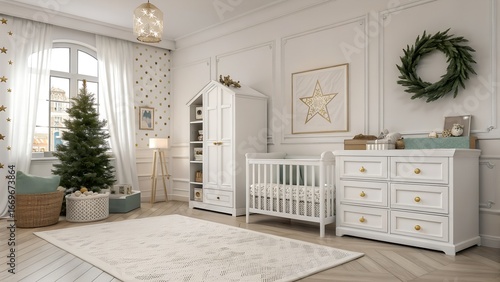 Photoreal New England kids room in luxury classic European design featuring softbox-style ambient glow and matte white with forest green palette