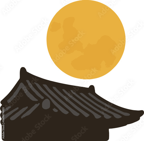 전통 기와와 보름달 일러스트