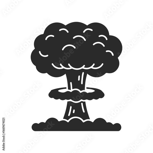 Black and white nuclear explosion icon with mushroom cloud