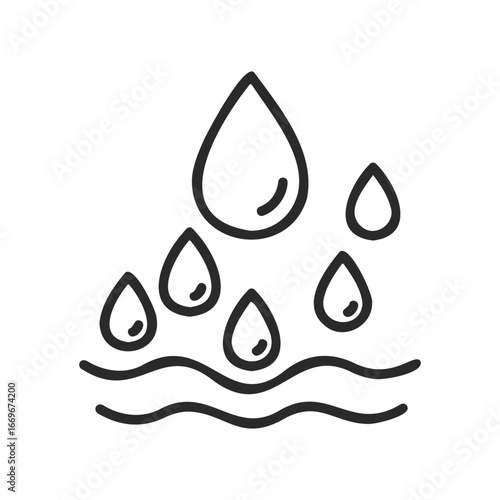 Minimalist black and white water droplets and waves line art icon