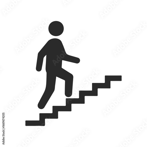 Black silhouette of person walking up stairs icon on white background