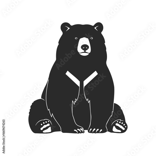 Black and white illustration of a sitting bear on white background