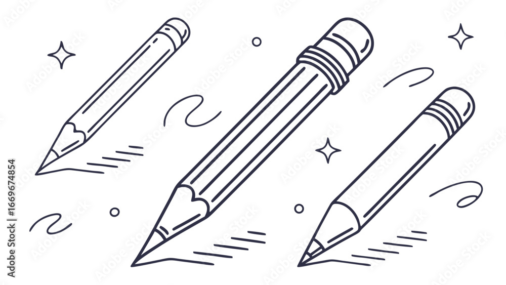 Naklejka premium Three stylized pencils with design elements perfect for education and design.