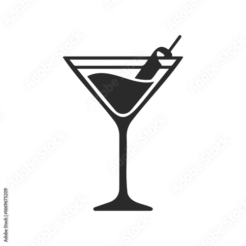 Minimalist martini glass icon with olive on stick