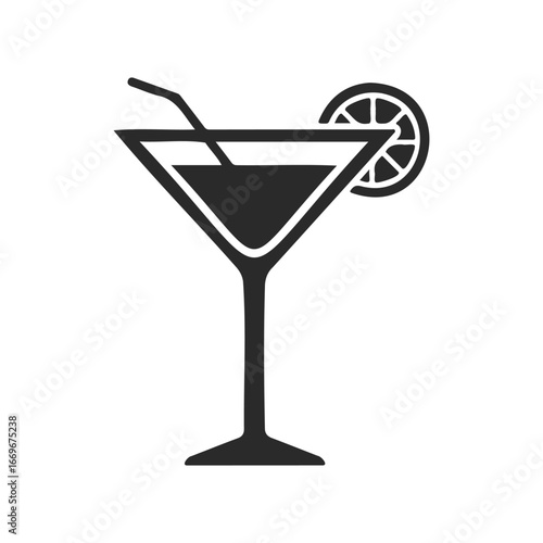 Classic cocktail glass icon with lemon slice and straw on white background