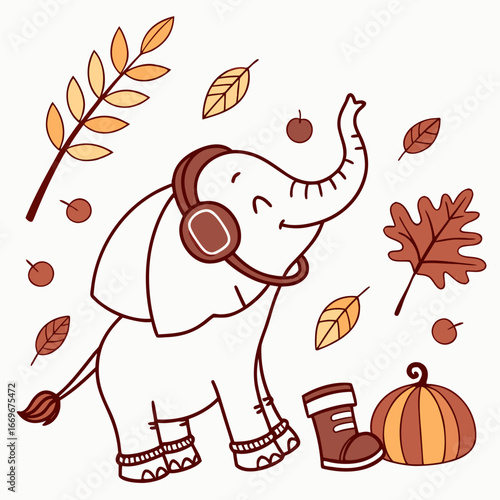 Autumn Leaves colored ElephantElephant with a Funny touch, placed in a Autumn theme and styled with wearing headphones