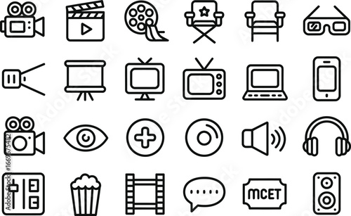 Movie film cinema production vector icons set for entertainment industry and video creation concept design