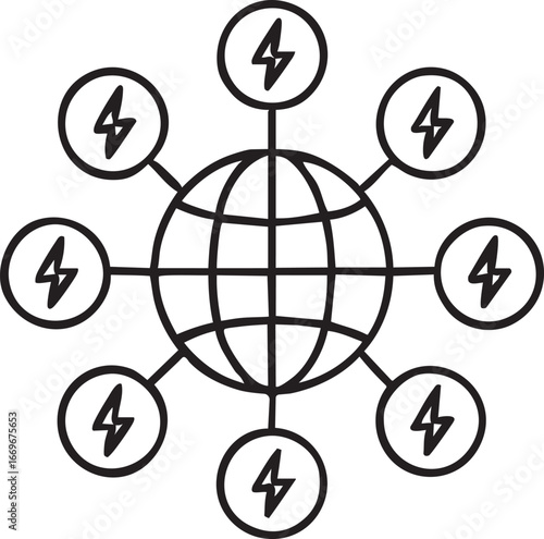 Global Energy Network Icon, Connected Power Grid Globe Vector, Global Power Supply Infrastructure Icon