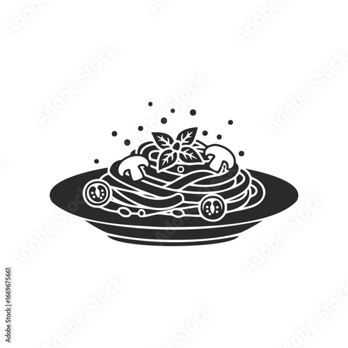 Silhouette of pasta plate with mushrooms and basil garnish