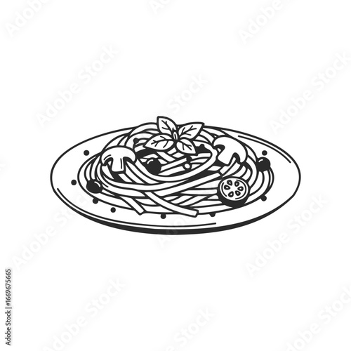 Black and white illustration of spaghetti with mushrooms and basil on plate