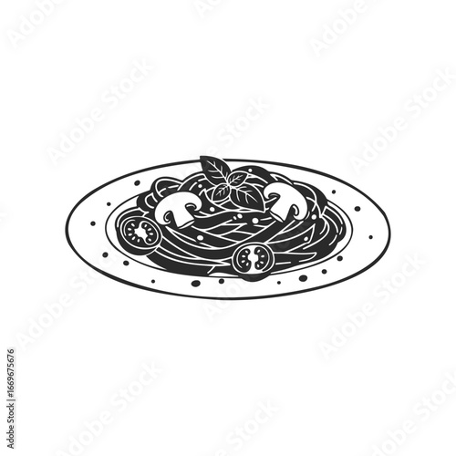 Illustrated plate of spaghetti with mushrooms and tomatoes