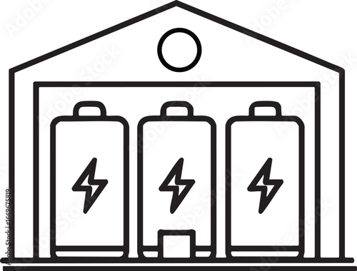 Battery Energy Storage System Icon, Battery Storage Station Line Art, Power Storage Infrastructure Illustration