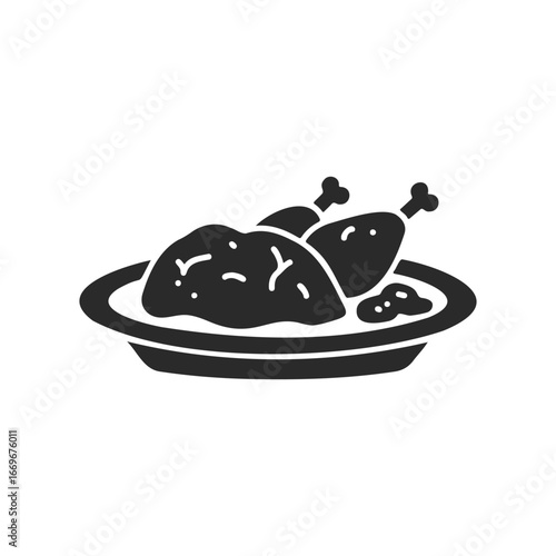 Black icon of a roasted chicken dinner on a plate with drumsticks