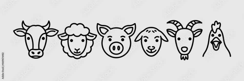 Obraz premium Farm animals vector icons set: cow sheep pig goat and chicken outline illustration for design project