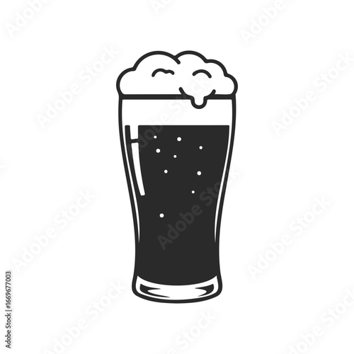 Illustrated pint of dark beer with foam on transparent background