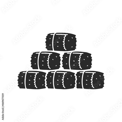 Monochrome silhouette of stacked hay bales on white background