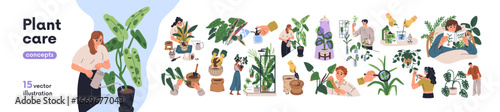 Plant care, home gardening set. Growing houseplants, pruning, watering, fertilizing, spraying and repotting. Nurturing indoor greenery in pots. Flat vector illustration isolated on white background