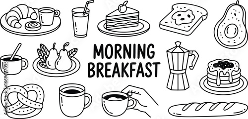 Breakfast food doodle vector illustration, morning meal drawing, healthy breakfast clipart, food sketch art