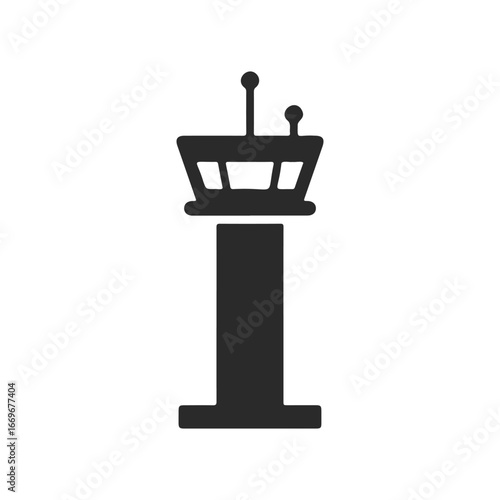 Black silhouette of air traffic control tower icon on white background